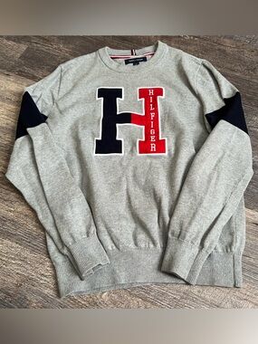Tommy Hilfiger Gray Crewneck Sweater with Red & Navy H Patch